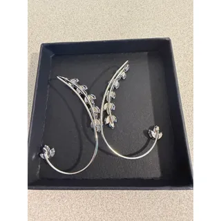 Photo of Crystal Ear Climber Crawler Earrings Silver Tone Leaf Vine Design Pair Cuff