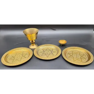 Photo of Vintage Brass Judaica Set 3 Star Plates Chalice Communion Goblet Small Feet Cup