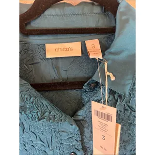 Photo of NWT Chico's Teal Long-Sleeve Button Shirt tunic Crinkle Crush Roxanne (3 )XL