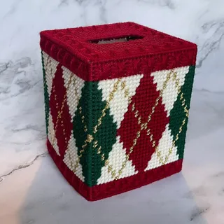 Photo of Vintage Christmas Argyle Plastic Canvas Tissue Box Cover Handmade Needlepoint