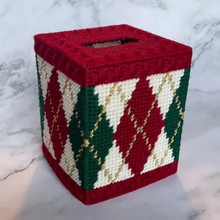 Photo of Vintage Christmas Argyle Plastic Canvas Tissue Box Cover Handmade Needlepoint