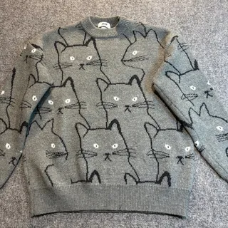 Photo of ANGN Gray Black Cat Print Knit Sweater Mens Medium Novelty Allover Kitty Jumper