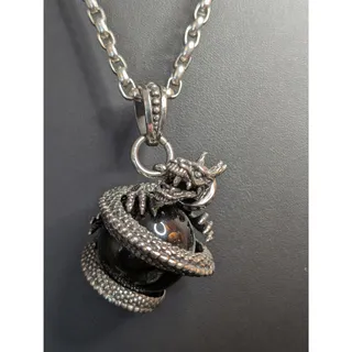 Photo of Dragon Obsidian Pendant On Heavy Silver Tone Rolo Link Chain 22" Necklace