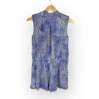 Photo of REBECCA TAYLOR Leo Fever Romper Women's 6 Silk Blue White Leopard Sleeveless