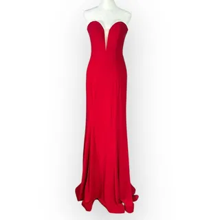 Photo of Mac Duggal Bustier Gown Women's 8 Red Strapless Sweetheart Maxi Pooled Train