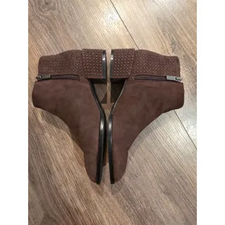 Photo of Donald Pliner Devas Size 6M Dark Brown Suede Studded Block Heel Ankle Boots Zip