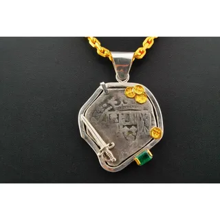 Photo of 1715 Fleet Shipwreck Silver Coin Pendant on 24k Gold Necklace