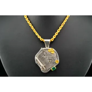 Photo of 1715 Fleet Shipwreck Silver Coin Pendant on 24k Gold Necklace