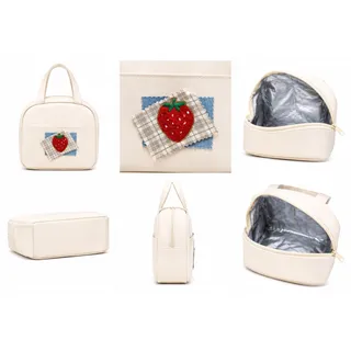 Photo of Insulated Lunch Bag for Women Cream Strawberry Embroidered Reusable Lunch Tote