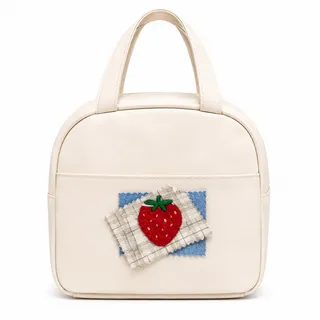 Photo of Insulated Lunch Bag for Women Cream Strawberry Embroidered Reusable Lunch Tote