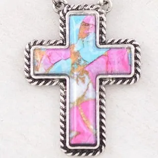 Photo of Cotton Candy Stone Cross Pendant Necklace | Pink Boho Faith Jewelry