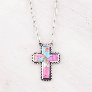 Photo of Cotton Candy Stone Cross Pendant Necklace | Pink Boho Faith Jewelry