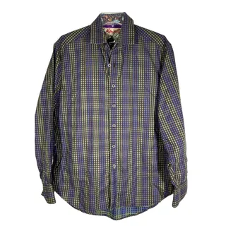 Photo of Robert Graham Mens L Flip Cuff Long Sleeve Shirt Purple Yellow Check Paisley