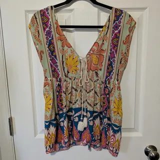 Photo of Zara Trafaluc Mixed Scarf Print Tassel V Neck Boho Tunica Top Blouse Small S