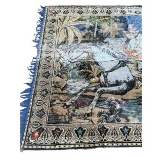 Photo of 1960s Turkish Velvet Tapestry Ottoman Horse Riders Distressed vintage