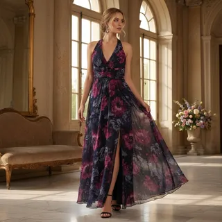 Photo of Siena Multicolor Dark Floral Halter Maxi Dress – Size 4 – NWT