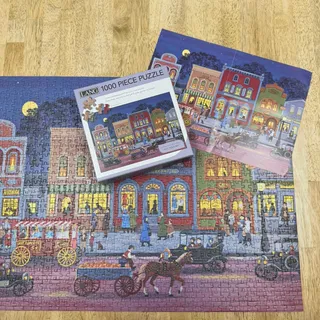 Photo of 1000 piece puzzle Lang Mary Singleton folk art complete vintage style town scene