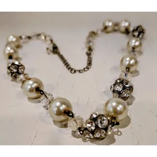Photo of Faux Pearl Chain Necklace, Silver Tone, Rhinestones EUC