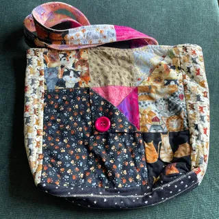 Photo of Handmade Quilted Patchwork Kitty Cat Tote Bag Multi Pocket Cotton Purse 15"