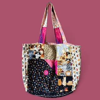 Photo of Handmade Quilted Patchwork Kitty Cat Tote Bag Multi Pocket Cotton Purse 15"