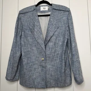 Photo of Vintage 90s Silk Rayon Tweed Blazer Womens 8 Blue Tan Fleck Tailored USA