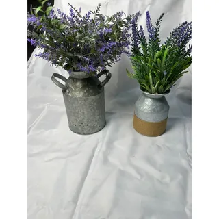 Photo of 2 Pc Galvanized Milk Can Vase Faux Lavender Floral Farmhouse Decor Set
