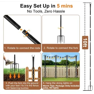 Photo of 6 Pack Outdoor String Light Poles Heavy Duty Metal Fork Base Adjustable Black
