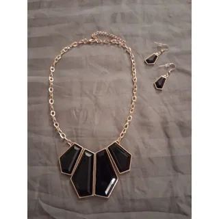 Photo of Vintage House of Harlow Style Black Geometric Bib Statement Necklace Gold Tone
