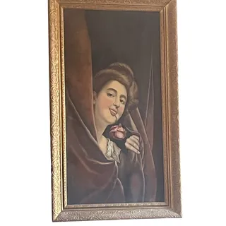 Photo of Antique Original Oil Painting of Flirting Lady from Brothel or Tavern C1890