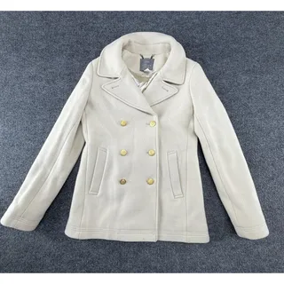 Photo of J.Crew Stadium Cloth Pea Coat Womens 10 Tall White Wool Gold Buttons Herringbone