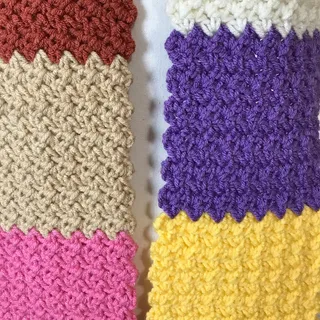 Photo of NWT Handmade Crochet Textured Winter Patchwork Scarf 72” & Tan Beanie