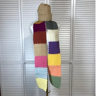 Photo of NWT Handmade Crochet Textured Winter Patchwork Scarf 72” & Tan Beanie