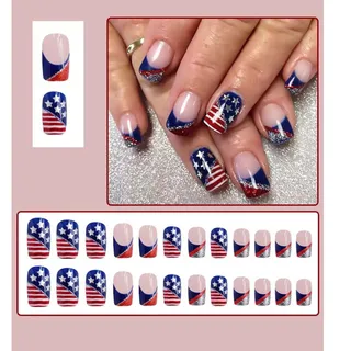 Photo of Red, White, Blue American Flag Shiny Square False Nails New