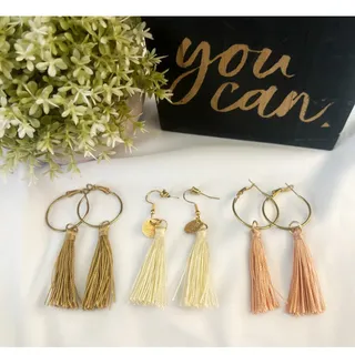 Photo of Boho Tassel Hoop Earring Set – 3 Pairs Neutral Tones Gold, Cream & Blush