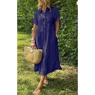 Photo of Summer Striped Midi Long Shirt Dress Casual Loose Short Sleeve Button Down Dress
