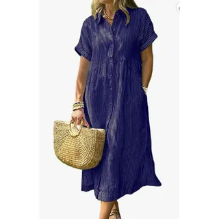 Photo of Summer Striped Midi Long Shirt Dress Casual Loose Short Sleeve Button Down Dress