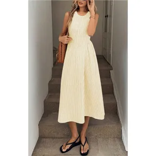 Photo of Striped Pleated Dress Drop Waist Flared Swing Midi Long Tank Sun Dress