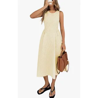 Photo of Striped Pleated Dress Drop Waist Flared Swing Midi Long Tank Sun Dress