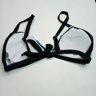 Photo of Blue Tropical Print Tie-Front Bikini Top Swimwear Women's Size L Adjustable