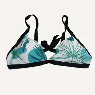 Photo of Blue Tropical Print Tie-Front Bikini Top Swimwear Women's Size L Adjustable