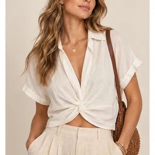 Photo of Sybilla Linen Blend Twist Front Crop Top Womens Size L White Minimalist Granola