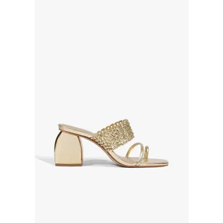 Photo of Schutz Aberdeen Mid Block Heel Sandal Tira Metallic 7.5 NWT Elevated Glam Chic