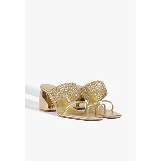 Photo of Schutz Aberdeen Mid Block Heel Sandal Tira Metallic 7.5 NWT Elevated Glam Chic