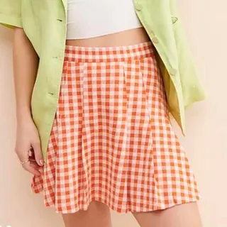 Photo of Free People Size 4 Honey Pleated Skirt Pleated Orange Gingham Preppy Picnic Fall