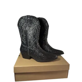 Photo of Portland Boot Company Size 9.5 Olympia Womens Black Glitter Boots Wide Calf Cowb
