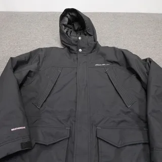 Photo of Eddie Bauer Coat Mens Large Black Down Parka WeatherEdge Hooded Waterproof Ski
