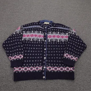 Photo of Vintage LL Bean Sweater Cardigan Womens XL Blue Fair Isle Wool Knit USA 90s