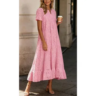 Photo of Summer Ruffle Hem Floral Lace Eyelet Dress Casual Notch Neck Midi Tunic Dress with Pocket