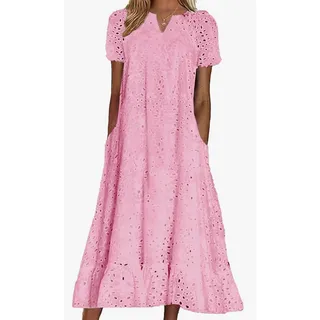 Photo of Summer Ruffle Hem Floral Lace Eyelet Dress Casual Notch Neck Midi Tunic Dress with Pocket