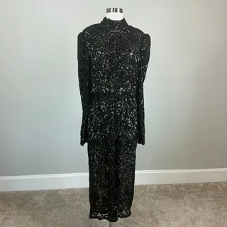 Photo of Mac Duggal 5525 Black Evening Gown Sequin Long Sleeve Midi Sheath Dress Size 14
